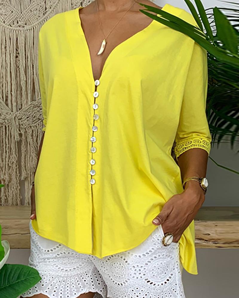 

Button Front Lace Trim Casual Top, Yellow