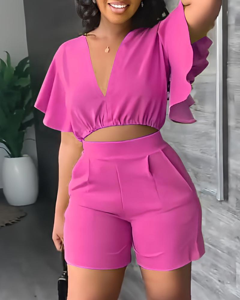 

V-Neck Flutter Sleeve Crop Top & Shorts Set, Hot pink