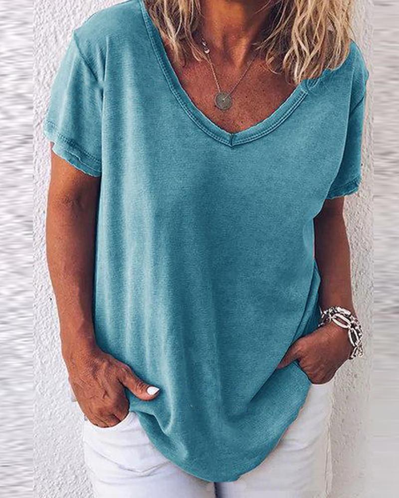 

V Neck Loose Fit T-Shirt, Blue