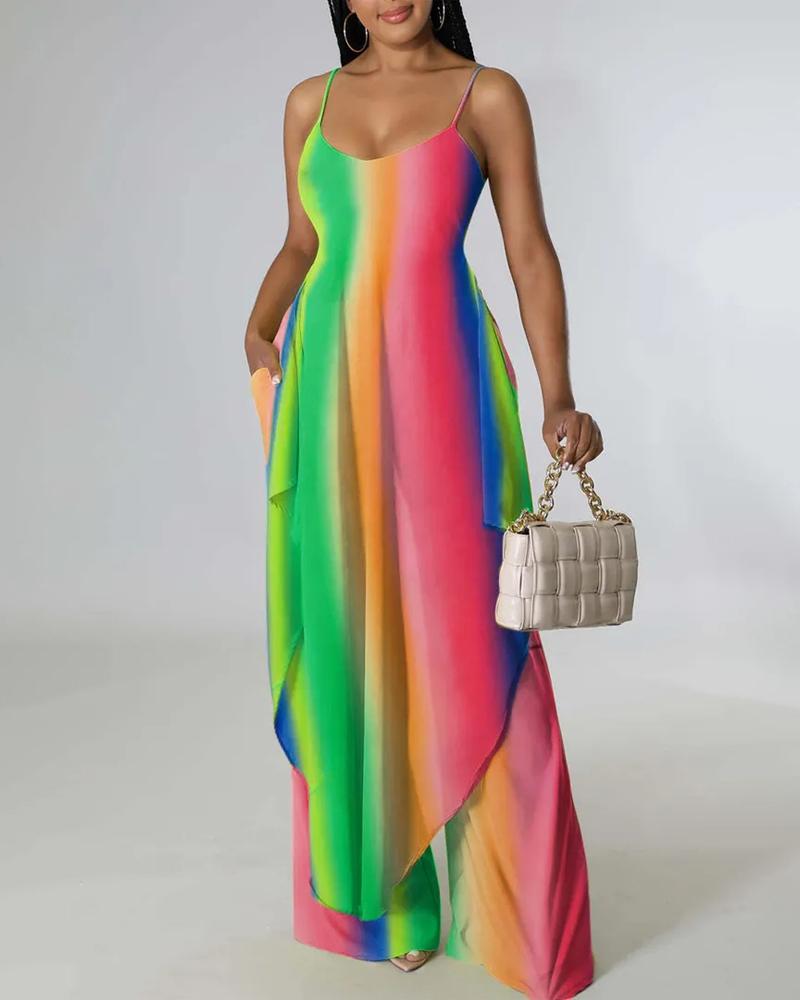 

Rainbow Ombre Asymmetrical Cami Top & Pants Set, Multicolor