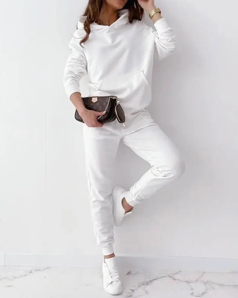 

Pocket Design Hooded Top & Cuffed Pants Set, White
