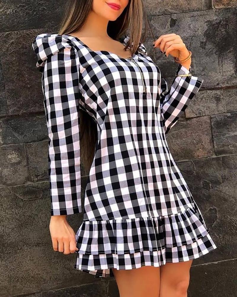 

Plaid Print Puff Sleeve Backless Ruffles Dress, Black