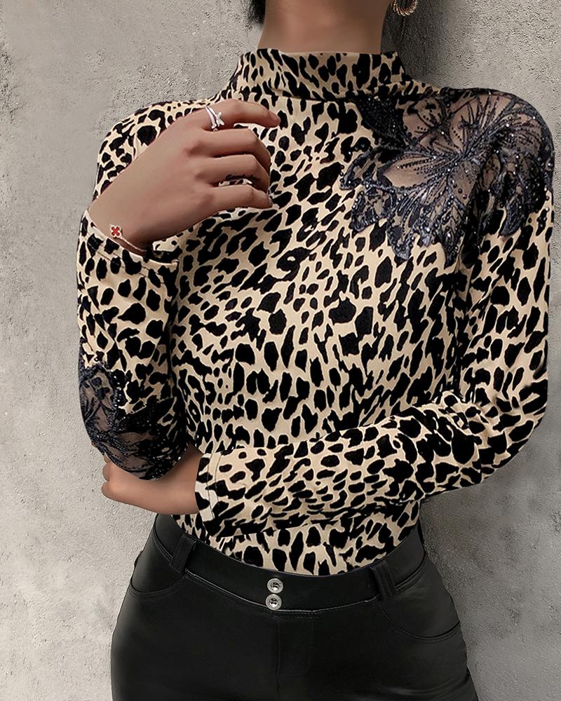 

Studded Leopard Print Long Sleeve Top, Coffee