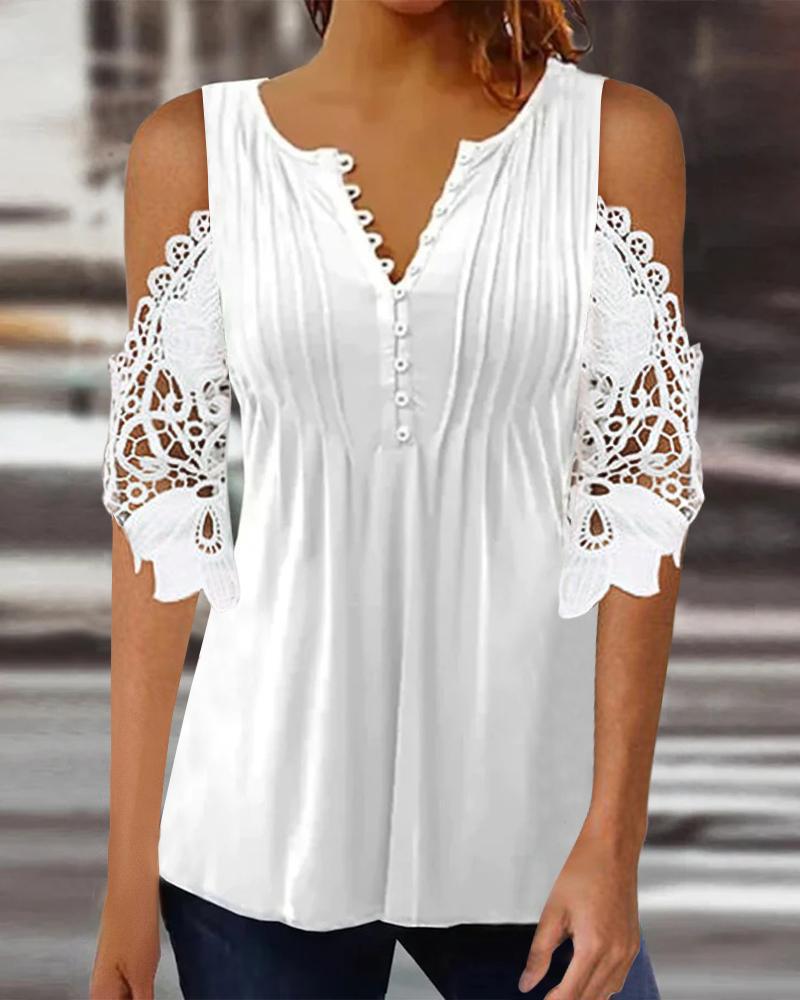 

Contrast Lace Cold Shoulder Top, White