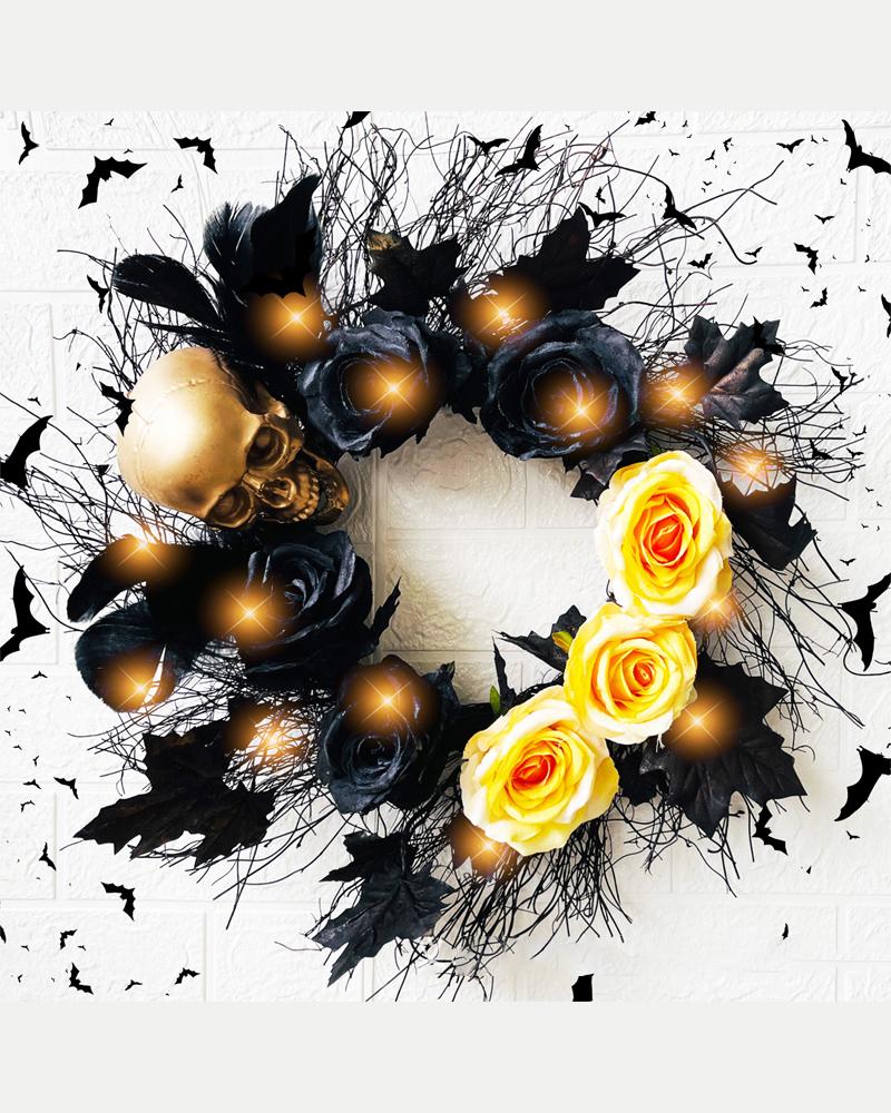 

Halloween Lighted Wreath Gothic Skull Floral Wreaths Garland Front Door Thanksgiving Festival Decoration Ornaments, Black