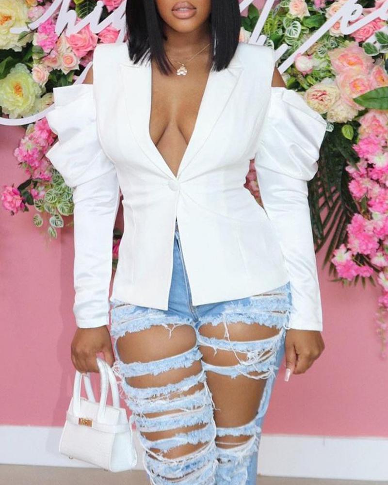 

Lapel Collar Cold Shoulder Gigot Sleeve Single Button Blazer, White