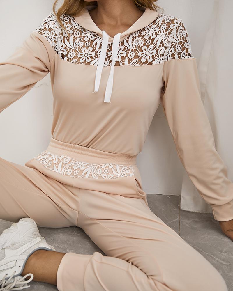 

Contrast Lace Drawstring Hooded Top & Pocket Pants Set, Apricot