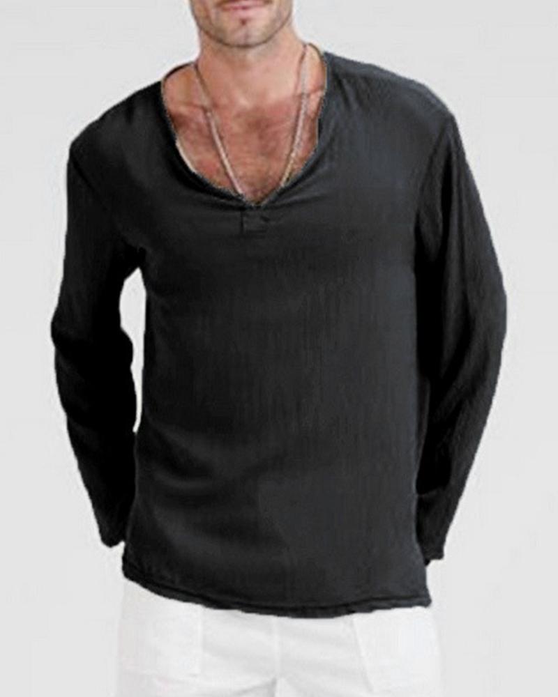 

Solid V Neck Long Sleeve Shirt, Black