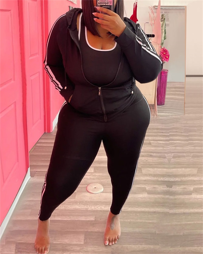 

Plus Size Contrast Paneled Zip Up Hooded Top & Pants Set, Black