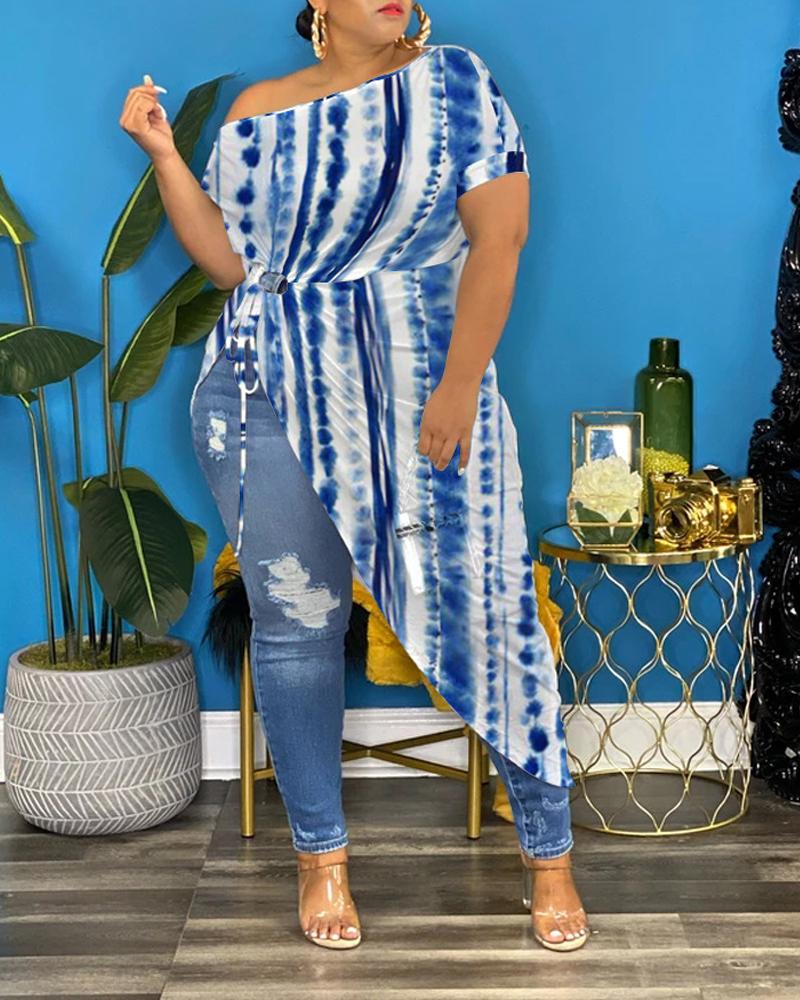 

Plus Size Tie Dye Print Asymmetrical High Slit Dress, Blue