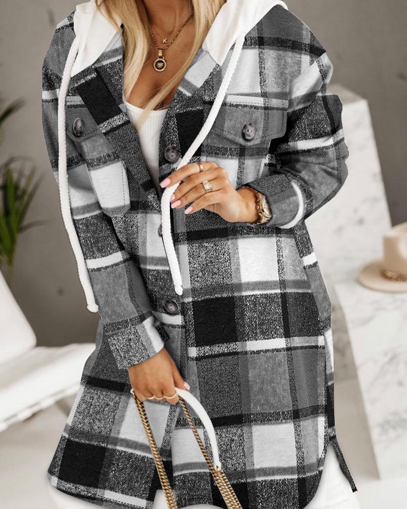 

Plaid Pattern Button Design Hooded Coat, Black