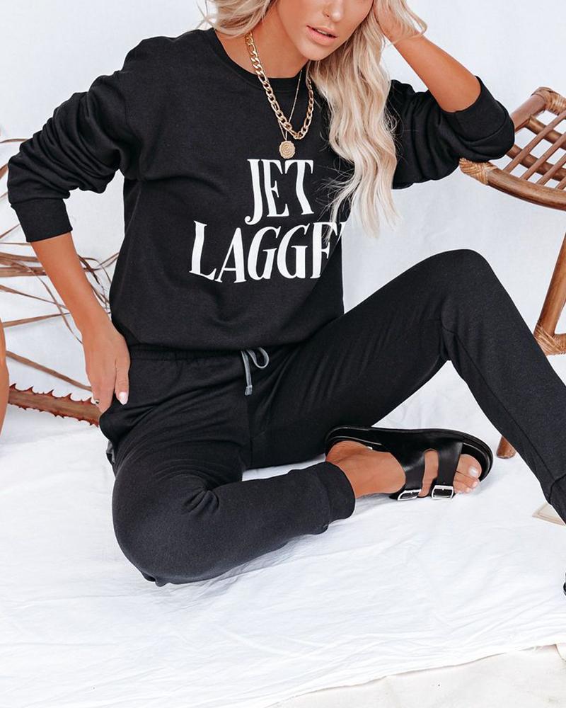 

Letter Print Long Sleeve Top With Plane Print Long Legs Trouser Suit Sets, Black