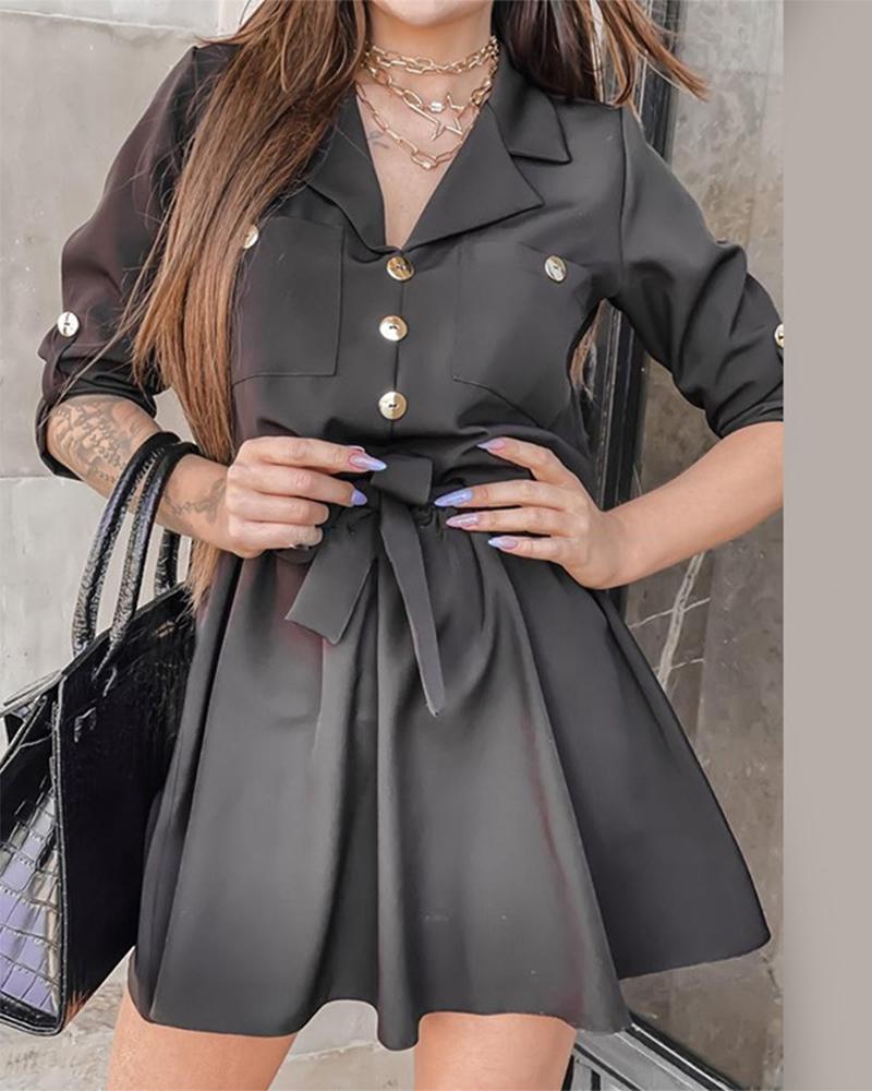 

Notched Collar Button Decor Pocket Tie Front Culotte Dress, Black