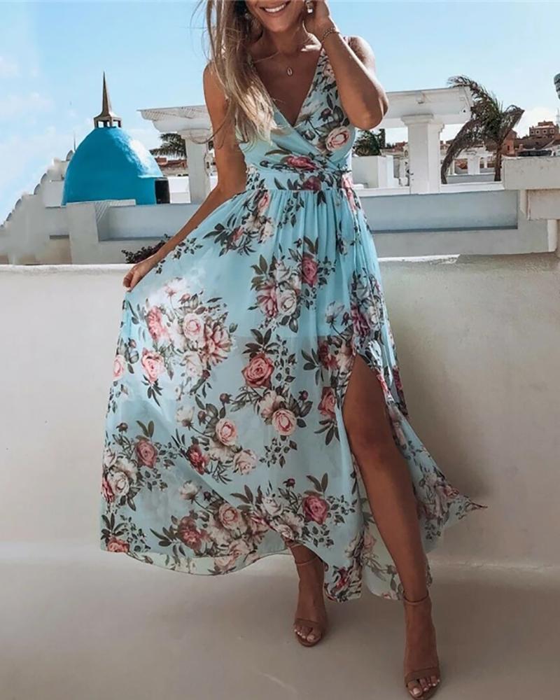 Floral Print V Neck High Slit Maxi Dress