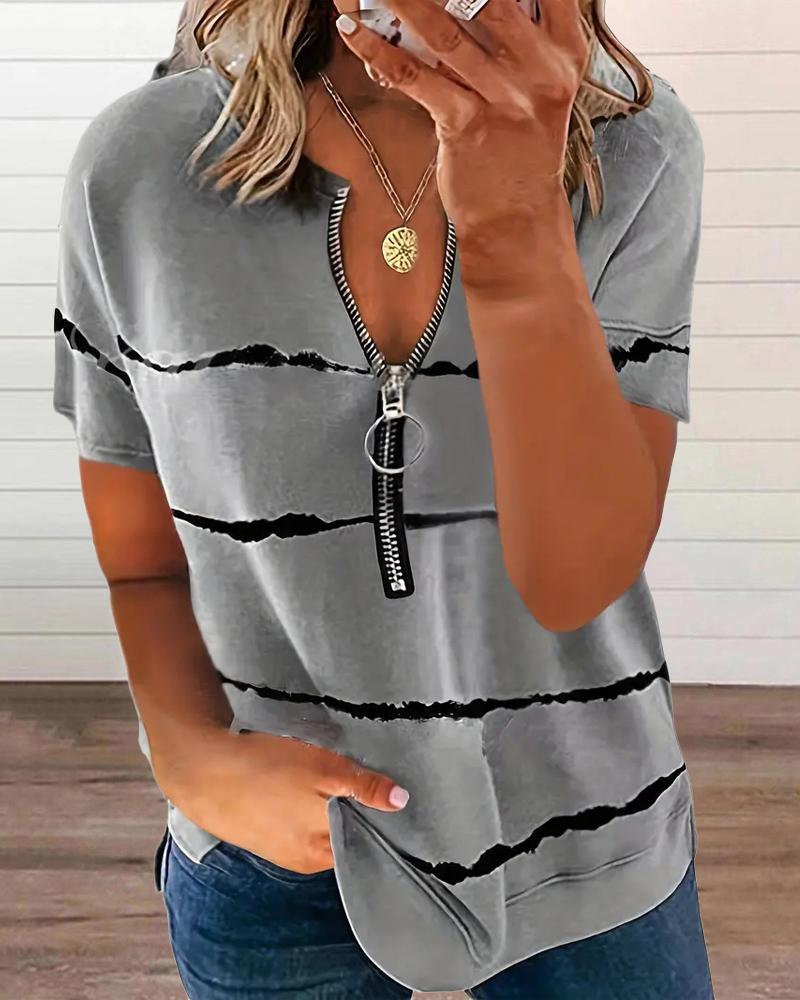 

Plus Size Tie Dye Print Zipper Design T-Shirt, Gray