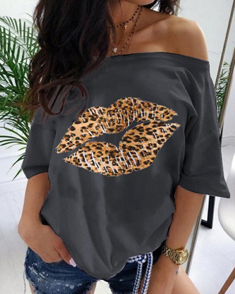 

Lip Letter Print Off Shoulder Long Sleeve Blouse, Gray