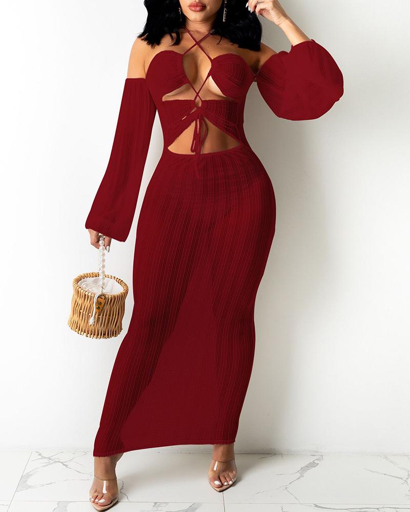 

Off Shoulder Lace Up Cutout Skinny Cover Up Dress, Wine red