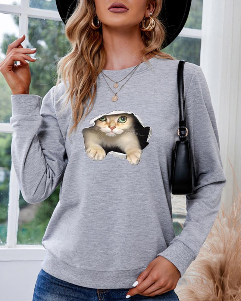 

Cute Cat Print Long Sleeve Sweatshirt, Gray