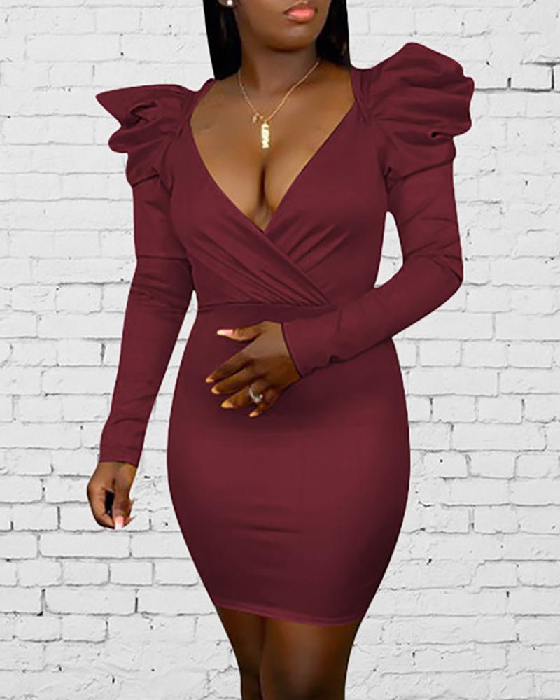 

Puffed Sleeve Ruched Bodycon Dress, Wine red