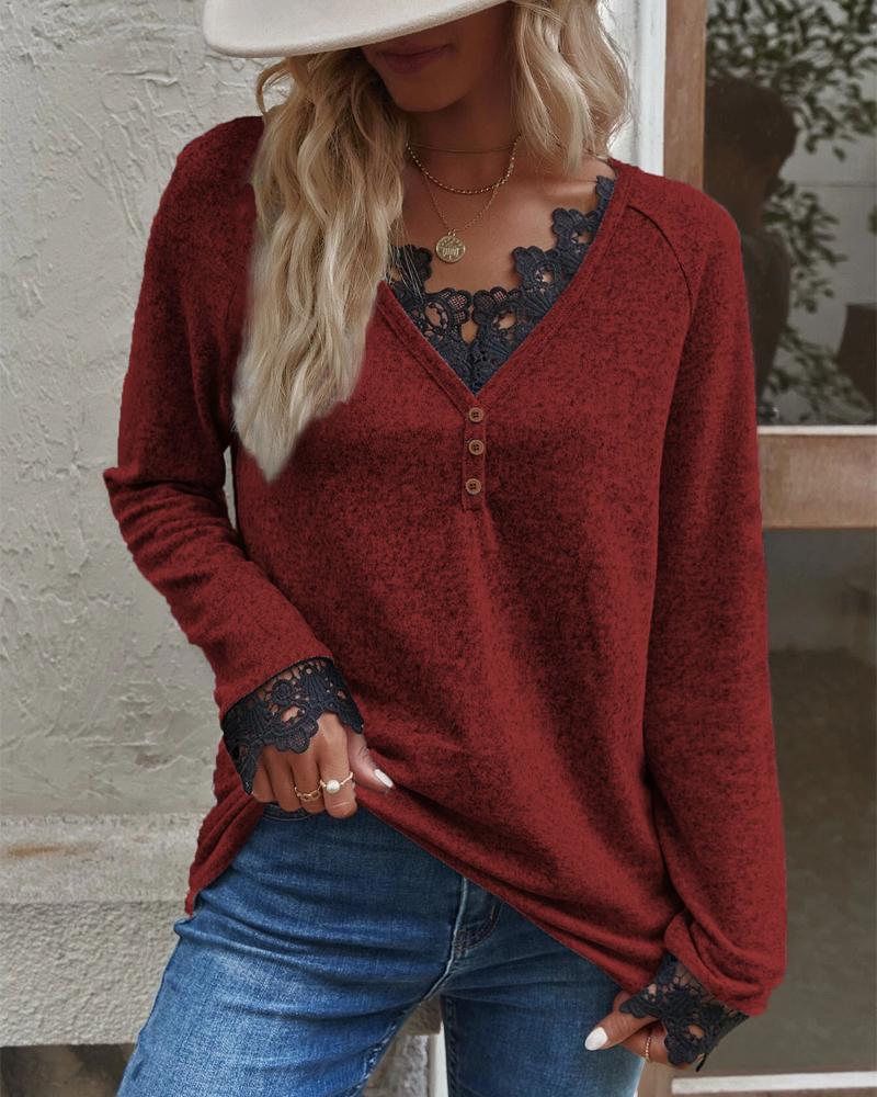 

Contrast Lace Long Sleeve Top, Red