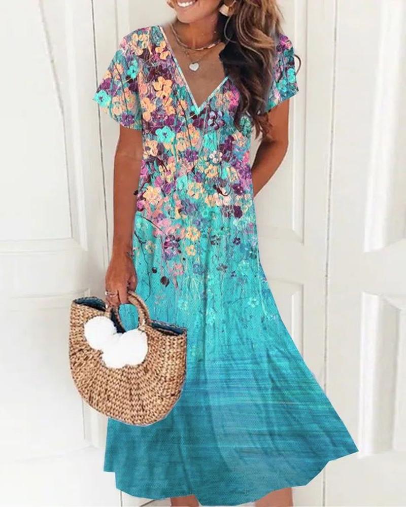 

Floral Print V-Neck Swing Dress, Blue