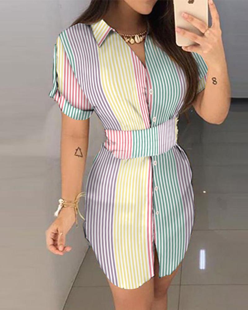 

Striped Print Colorblock Buttoned Shirt Dress, Multicolor