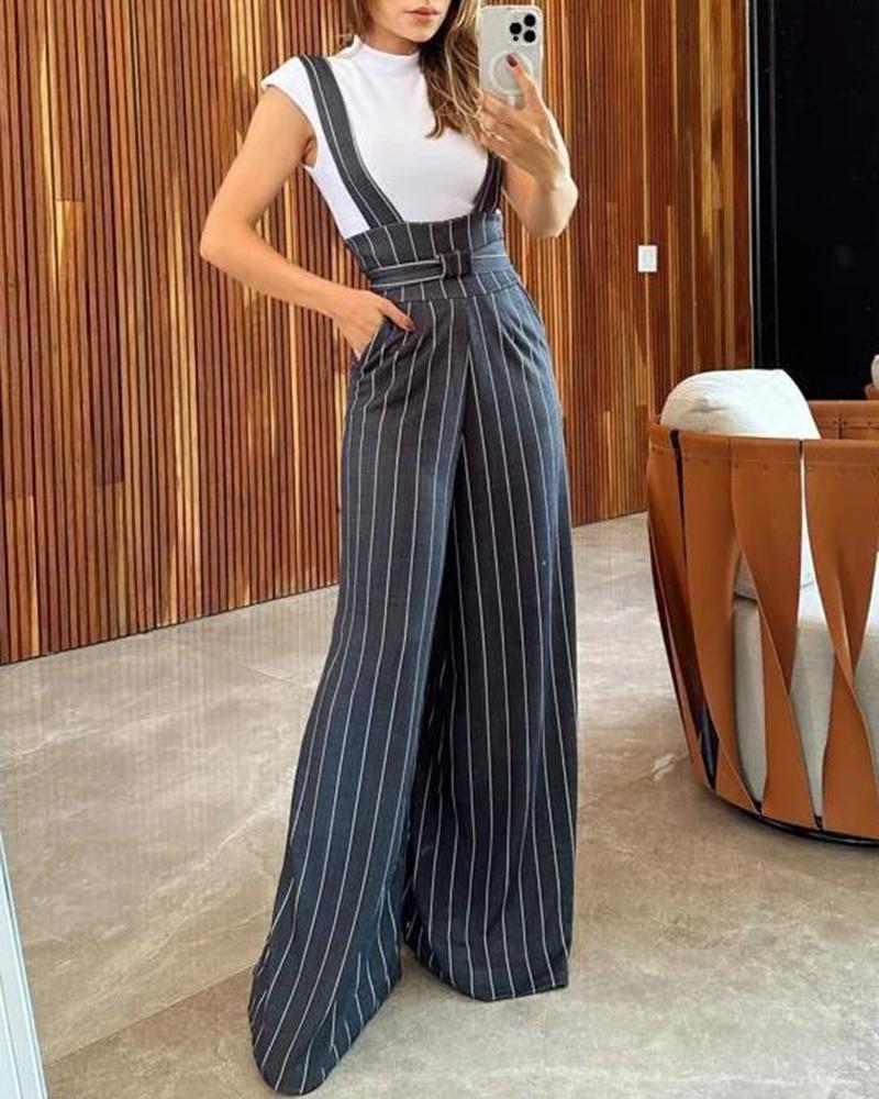 

Striped Wide Leg Bootcut Suspender Jumpsuit, Dark grey