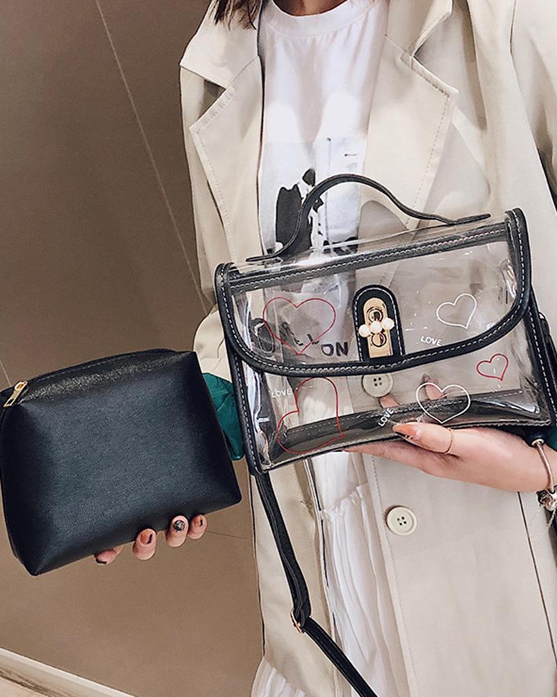 

Heart Print Clear Crossbody Handbag With Inner Pouch, Black