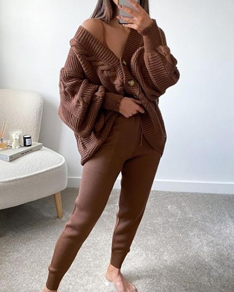 

Button Front Lantern Sleeve Cardigan & Pants Set, Dark brown