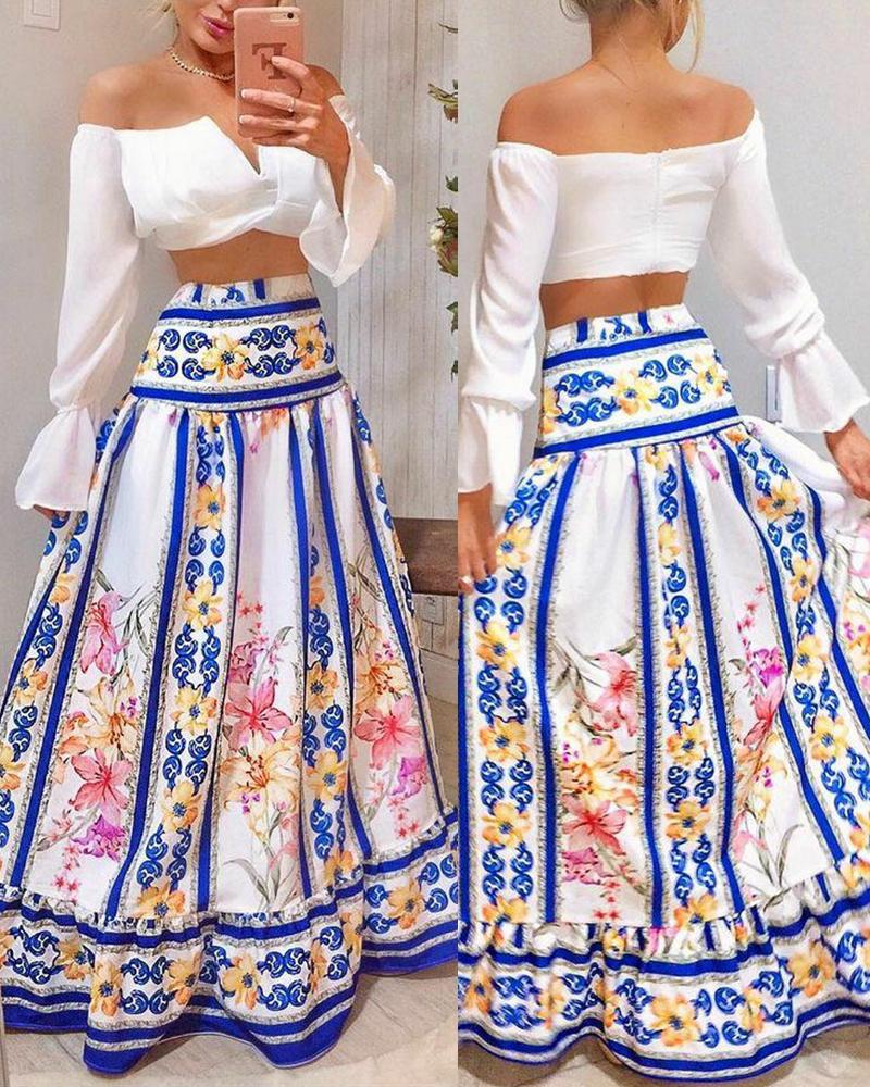 

Off Shoulder Notched Flared Sleeves Crop Top & Floral Print Maxi Skirt Set, White