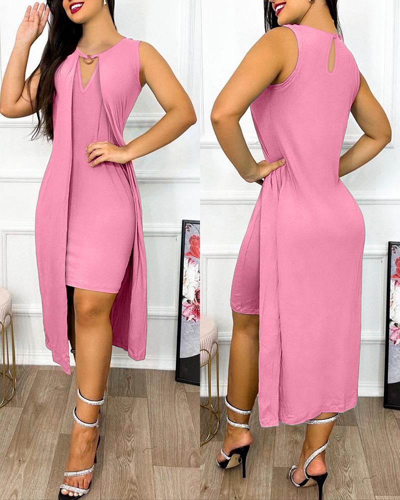 

O-Ring Decor Slit Asymmetrical Casual Dress, Pink