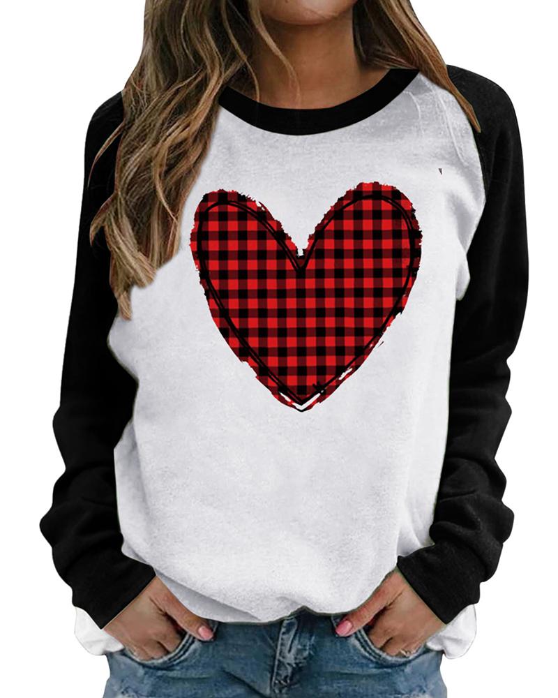 

Valentine' Day O-Neck Plaid Heart Print Colorblock Sweatshirt, Black