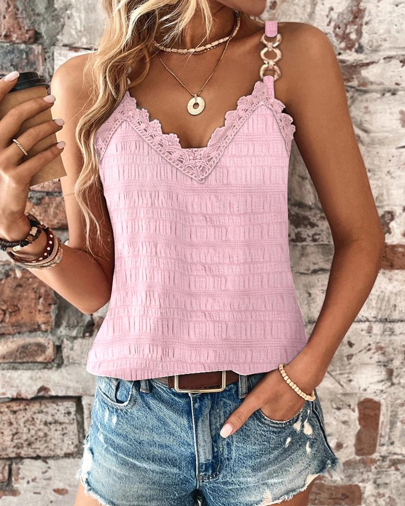 

Chian Decor Lace Trim Textured Tank Top, Pink