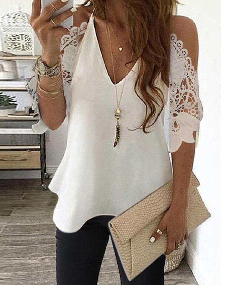 

Cold Shoulder Lace Patch Top, White