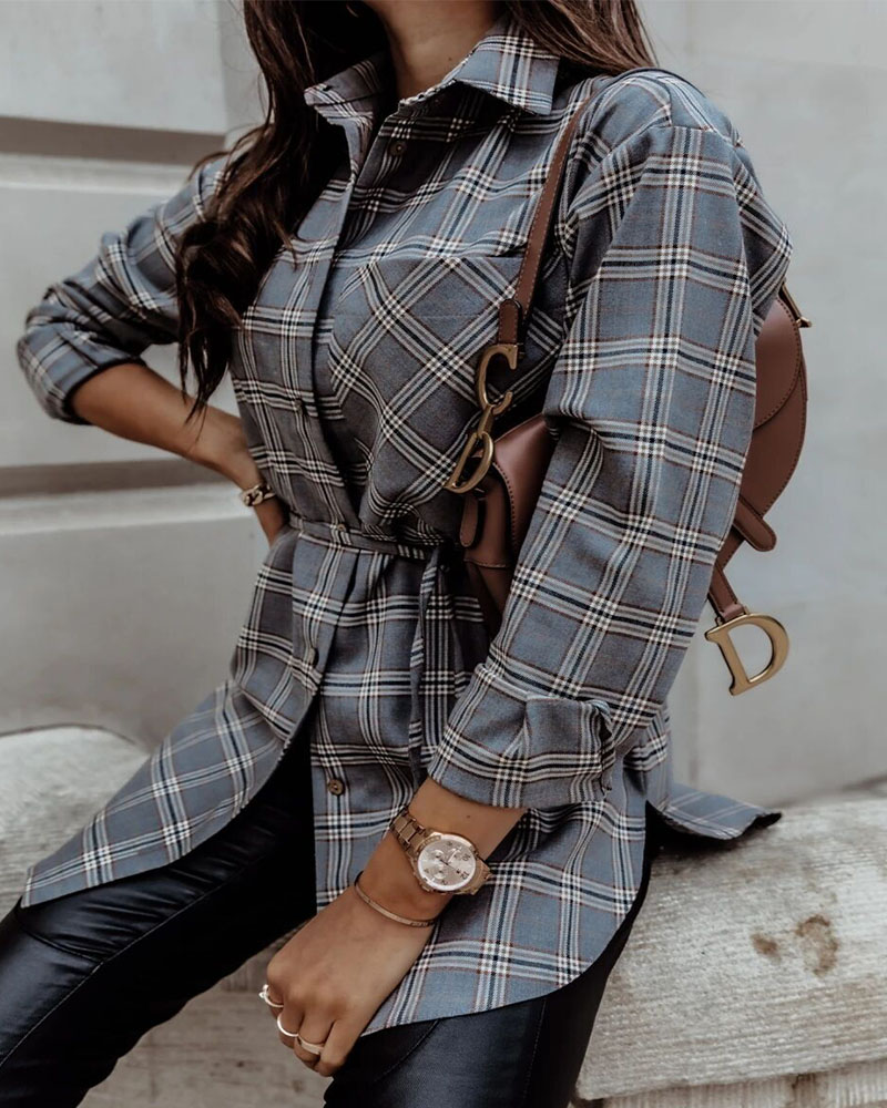 

Plaid Print Long Sleeve Button Down Shirt, Gray