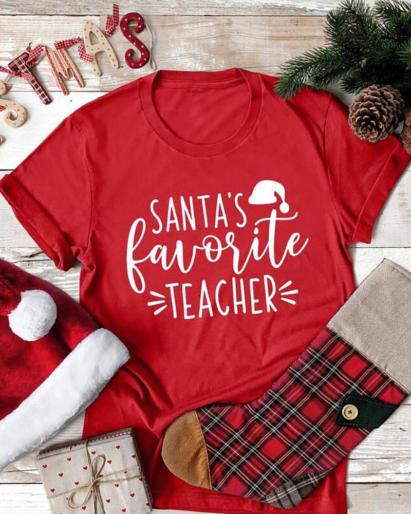 

Christmas Letter Print Short Sleeve T-shirt, Red