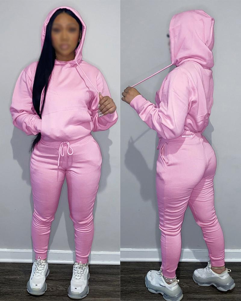 

Long Sleeve Casual Hoodie & Drawstring Pants Set, Pink
