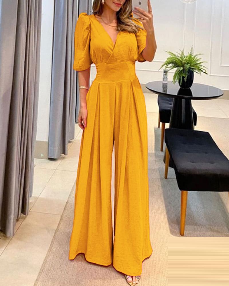 

Puff Sleeve Wide Leg Flared Jumpsuit, Yellow