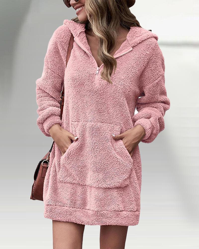 

Long Sleeve Zipper Detail Fluffy Hoodie, Pink