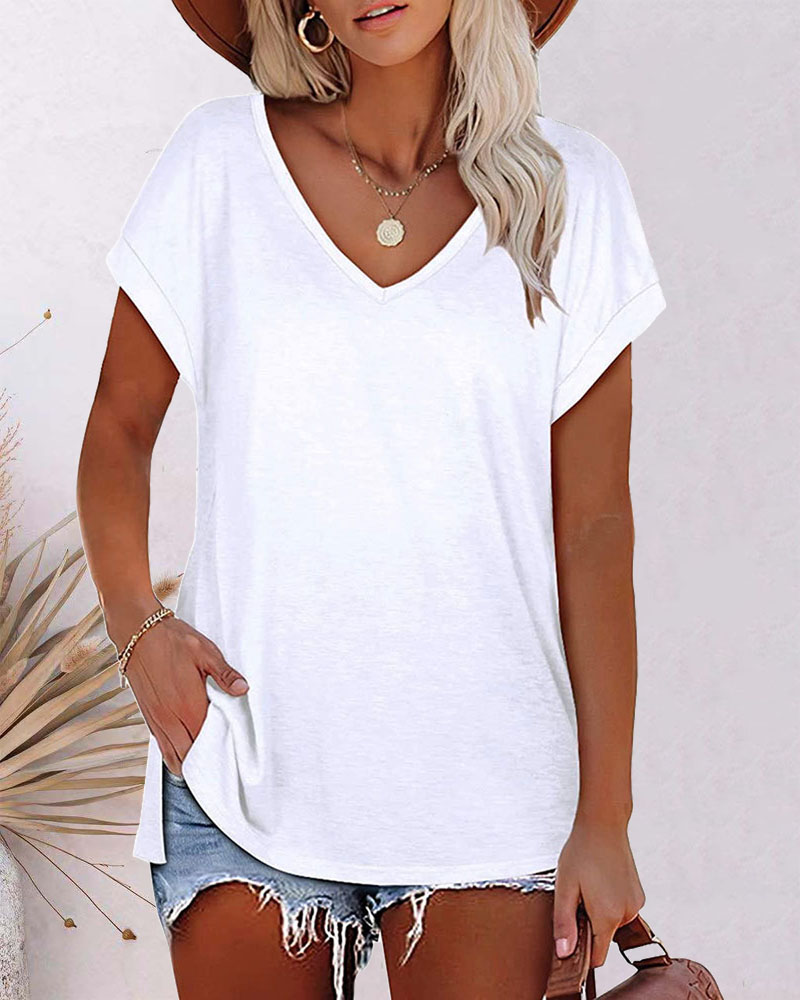 

Batwing Sleeve Split Hem Basic T-shirt, White