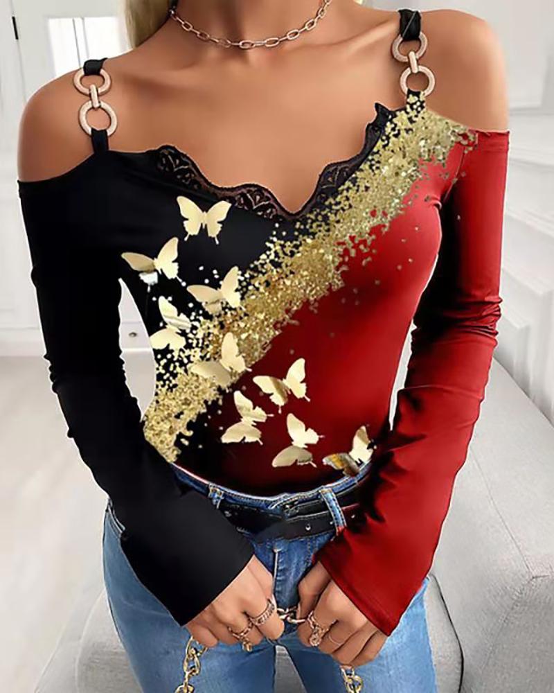 

Cold Shoulder Butterfly Bronzing Print Long Sleeve Top, Red