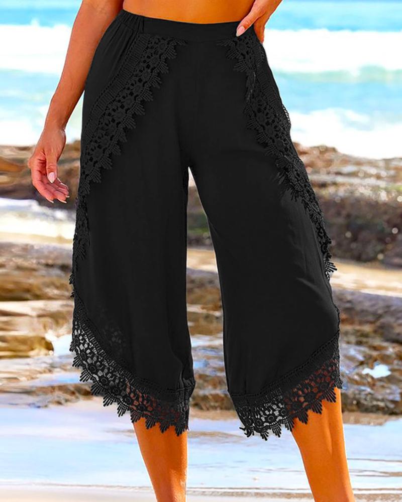 

Lace Patch Wide Leg Beach Pants, Black