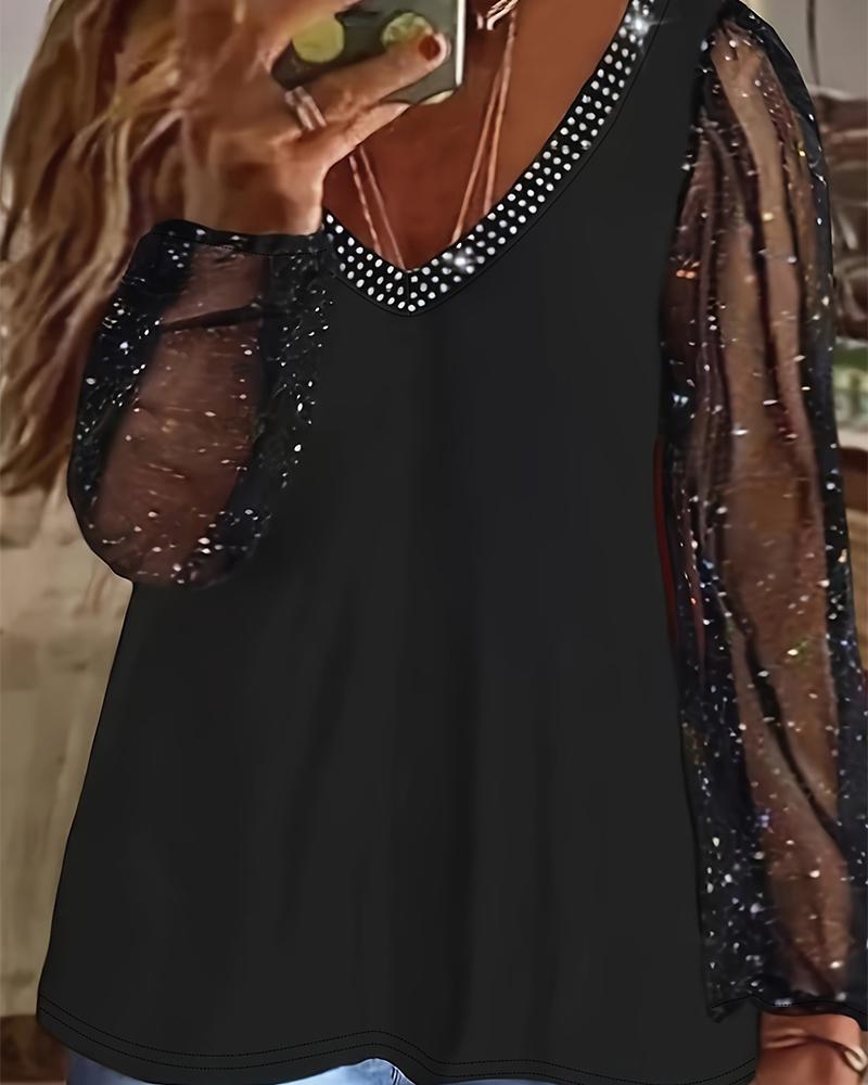 

Plus Size Contrast Mesh Long Sleeve Top, Black