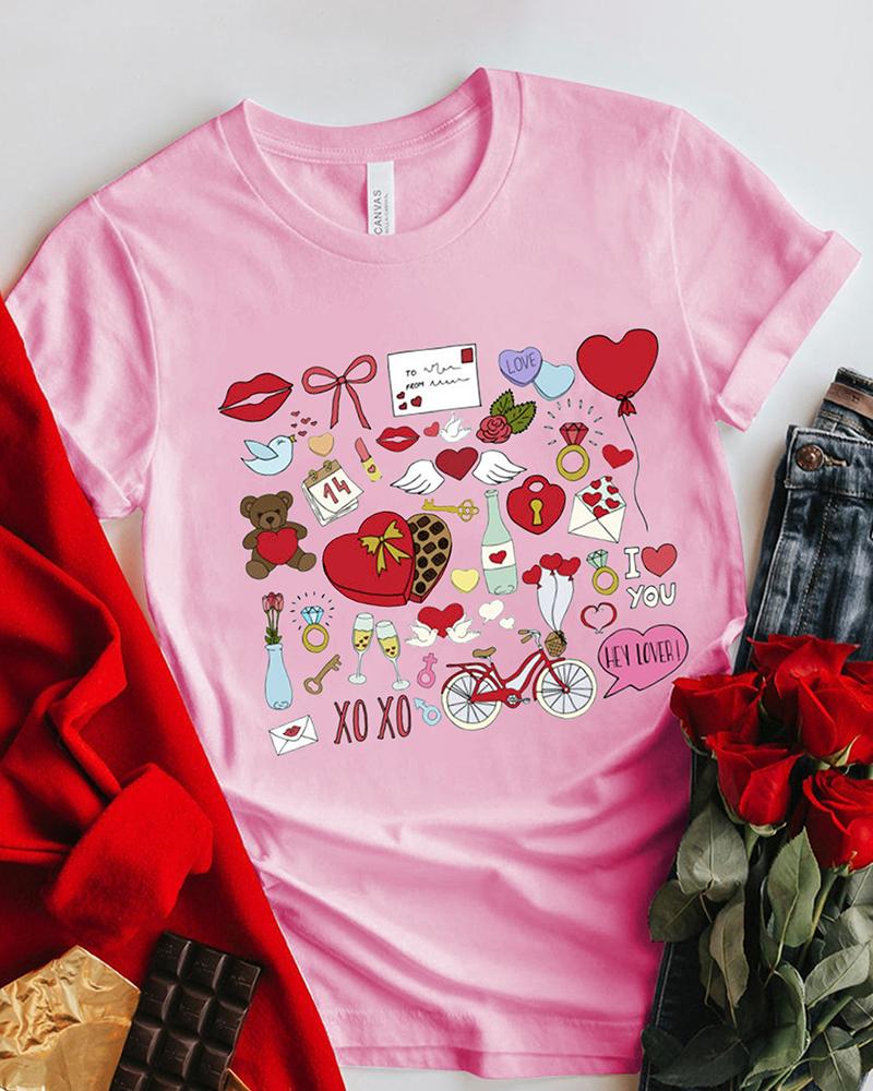

Valentine' Day Heart Flower Graphic Print Short Sleeve T-shirt, Pink