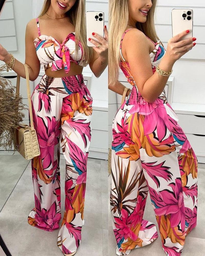 

Plants Print Knot Front Crop Cami Top & High Waist Pants Set, Multicolor