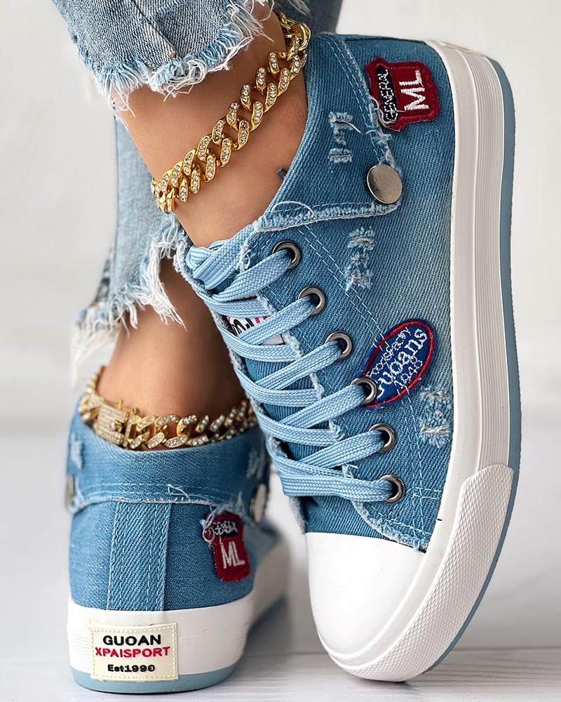 

Letter Pattern Ripped Lace-up Sneakers, Lighted blue