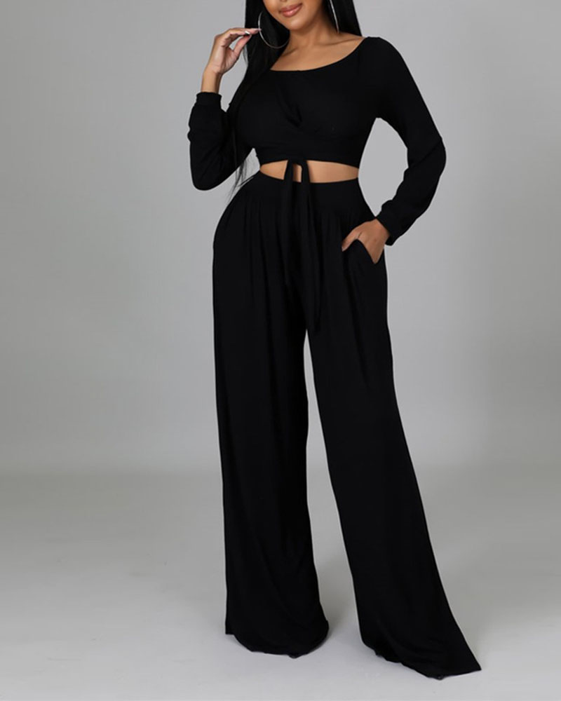

Long Sleeve Cross Tie Crop Top & Wide Leg Pants Set, Black