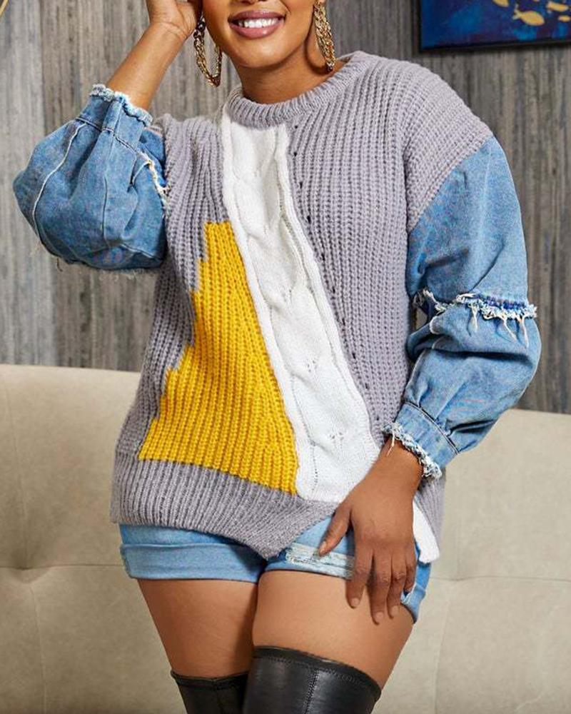 

Denim Patch Colorblock Knit Hollow Out Top, Gray