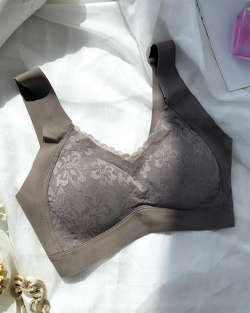 

Crochet Lace Seamless V-Neck Bralette, Coffee