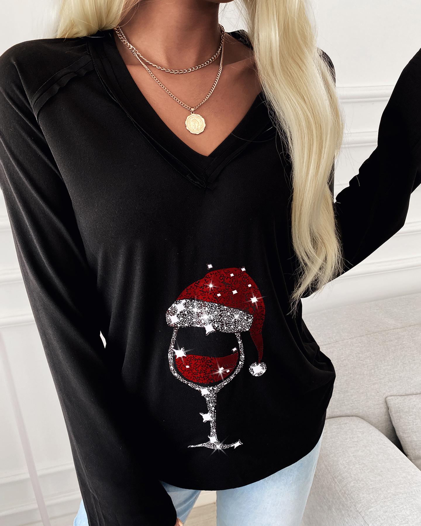 

Christmas Wine Glass Print Casual Sweatshirt, Black